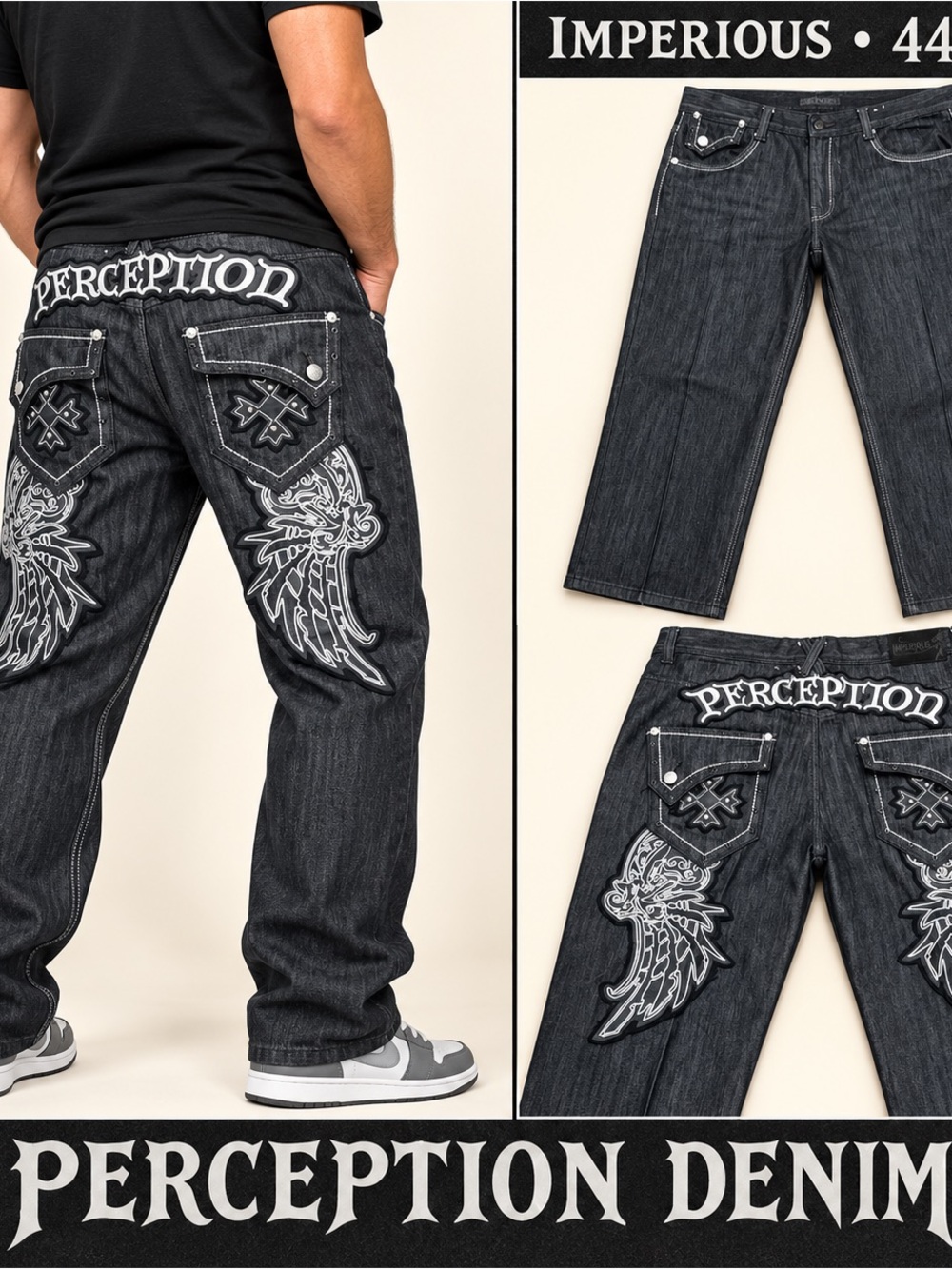 Perception Denim Men’s Black Relaxed Embroidered Jeans size 44/32